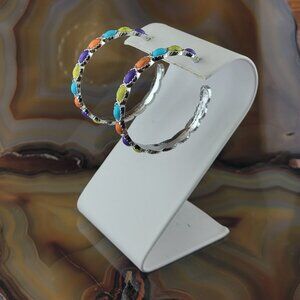 New Western Style Silver Faux Turquoise Hoops Earrings 2"